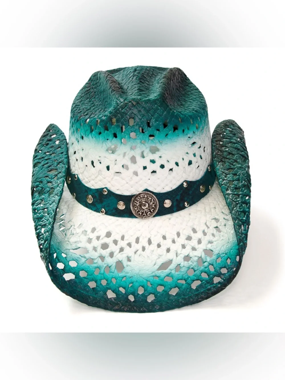S/M Nu Shuz Key West Aqua Blue Green Ombre Concho Band Woven Straw Cowboy Hat